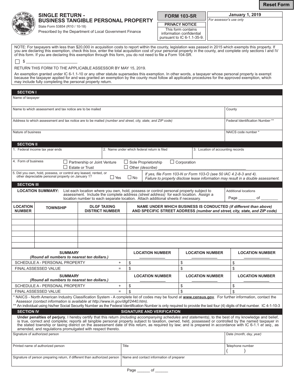 State Form 53854 (103-SR) Single Return - Business Tangible Personal Property - Indiana, Page 1