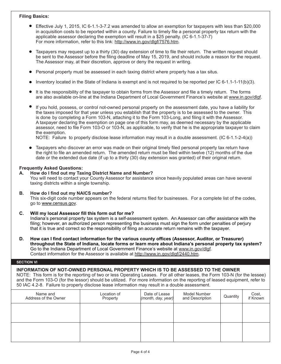 State Form 11405 (103-LONG) Business Tangible Personal Property Assessment Return - Indiana, Page 4