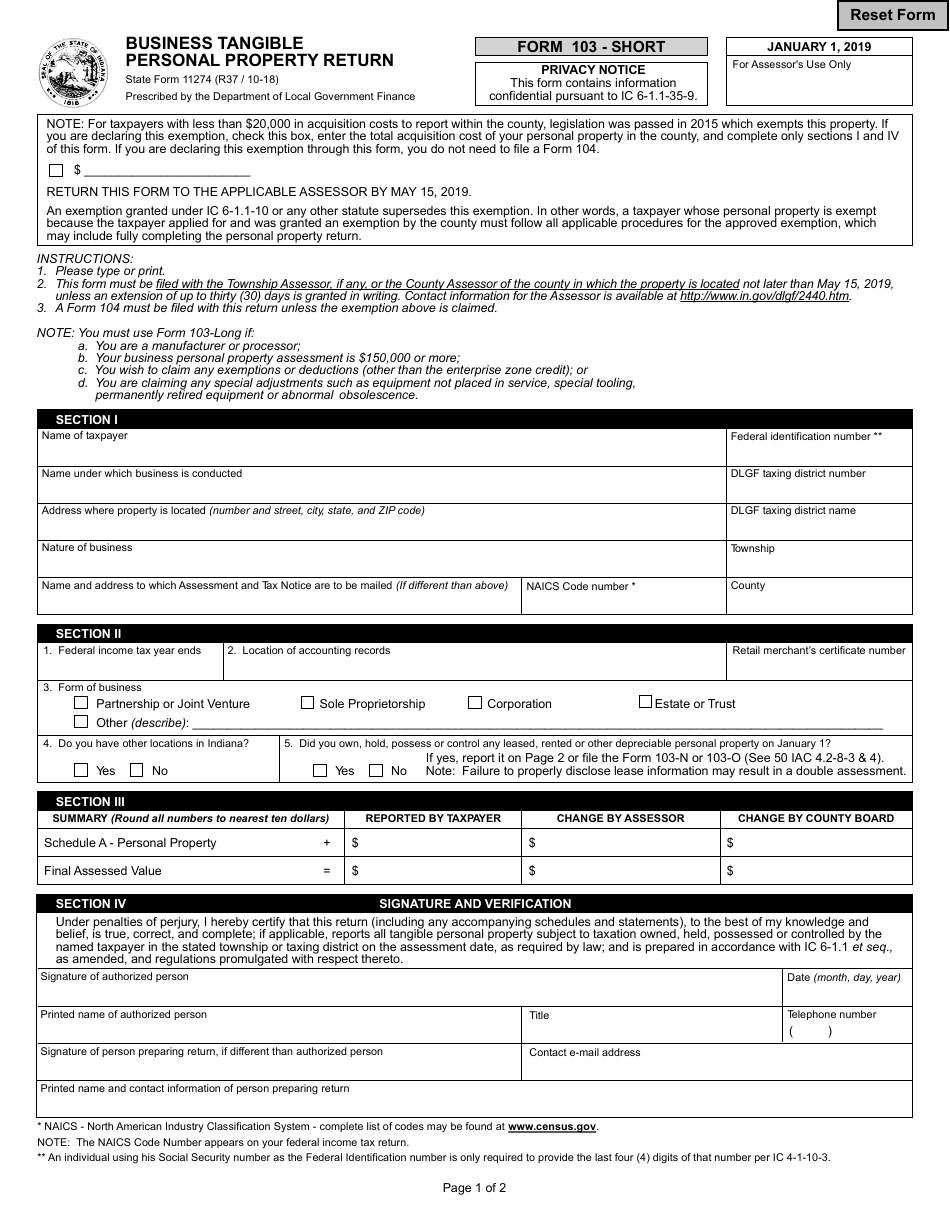 State Form 11274 (103-SHORT) Business Tangible Personal Property Return - Indiana, Page 1