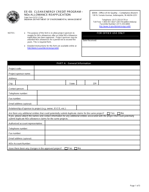 Form EE-03 (State Form 52721) Clean Energy Credit Program - Nox Allowance Reapplication - Indiana