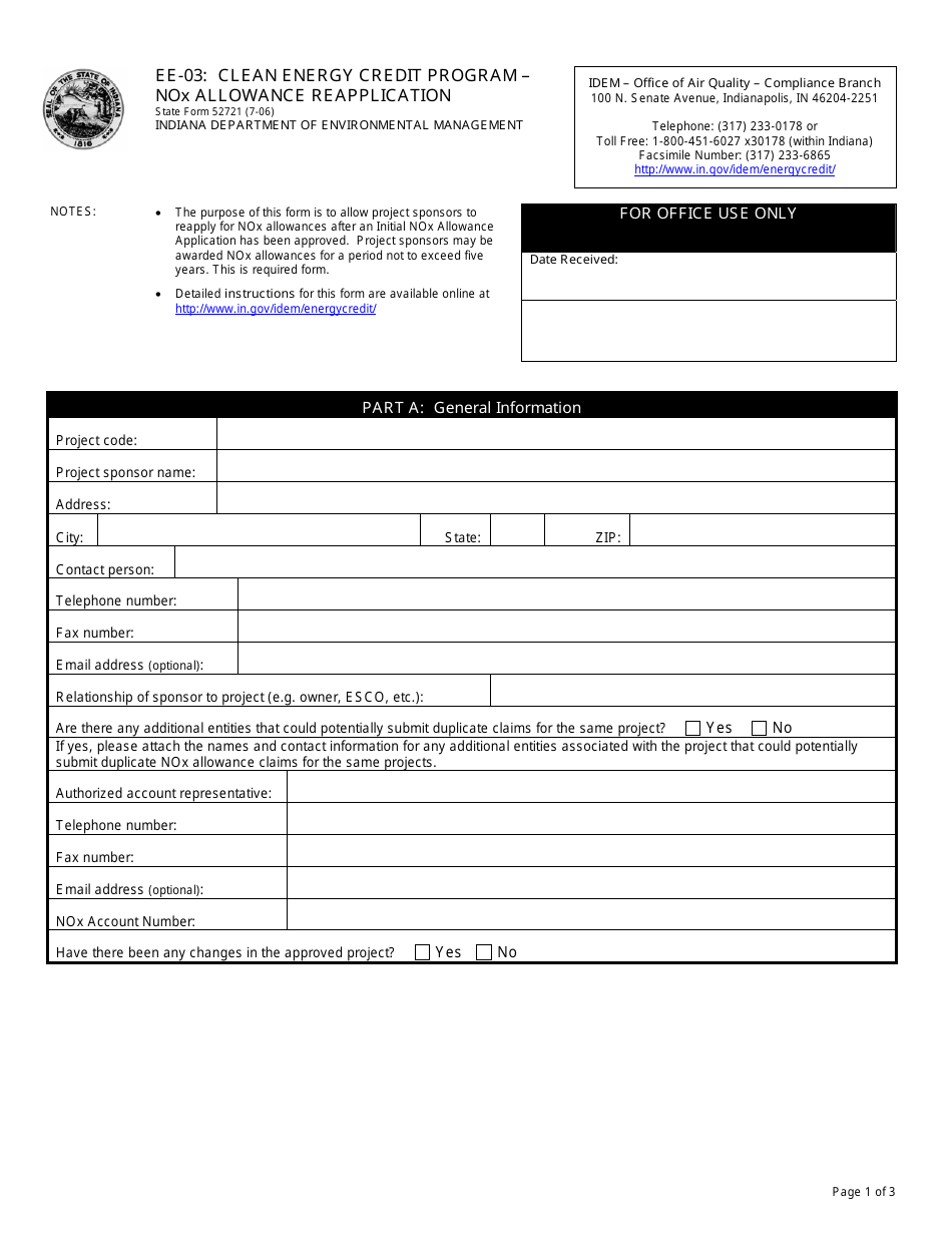 Form EE-03 (State Form 52721) Clean Energy Credit Program - Nox Allowance Reapplication - Indiana, Page 1