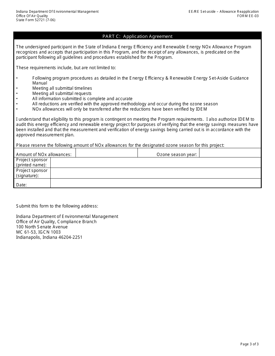 Form EE-03 (State Form 52721) Clean Energy Credit Program - Nox Allowance Reapplication - Indiana, Page 3