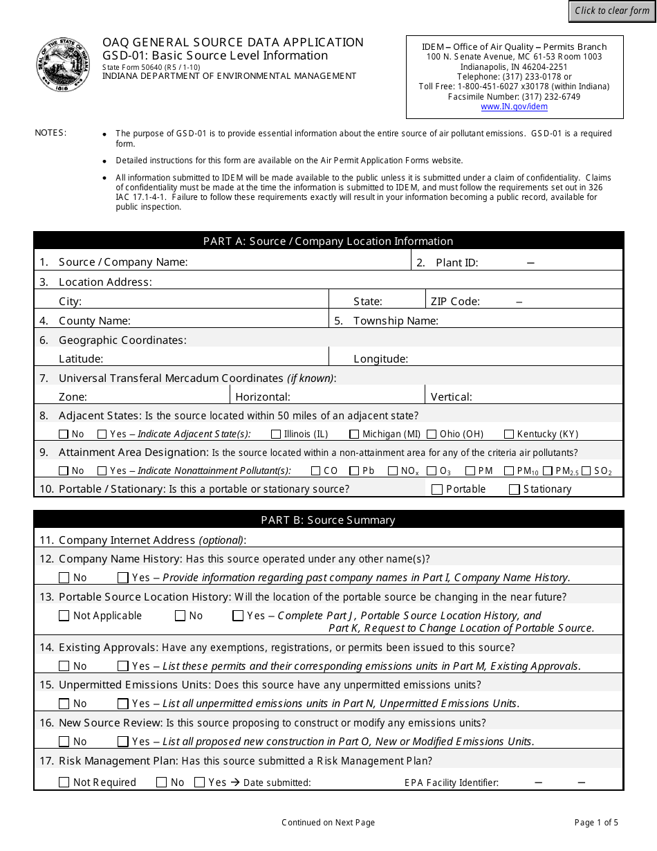 State Form 50640 Oaq General Source Data Application Gsd-01: Basic Source Level Information - Indiana, Page 1