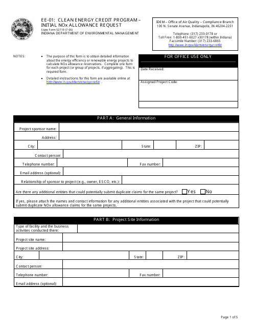 State Form 52719 Ee-01: Clean Energy Credit Program - Initial Nox Allowance Request - Indiana