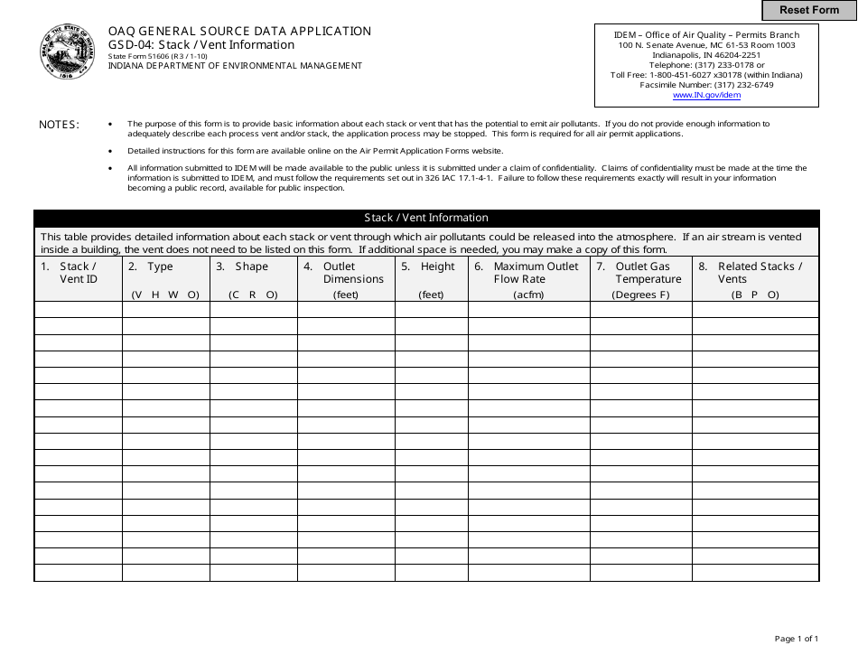Form GSD-04 (State Form 51606) General Source Data - Stack / Vent Information - Indiana, Page 1