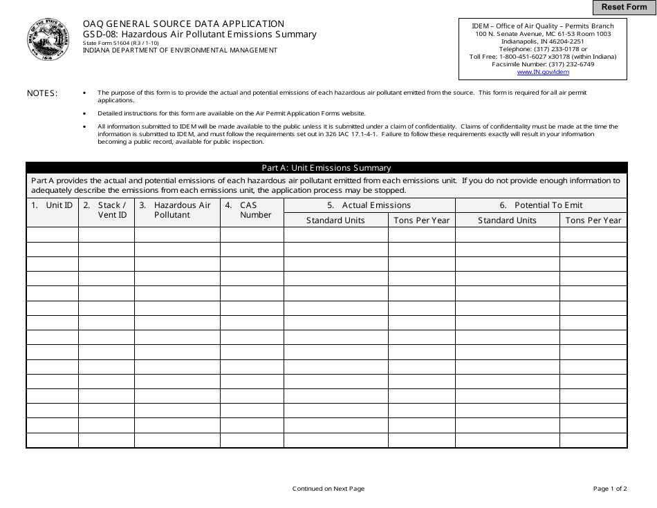 Form GSD-08 (State Form 51604) General Source Data - Hazardous Air Pollutant Emissions Summary - Indiana, Page 1