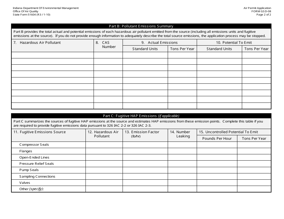 Form GSD-08 (State Form 51604) General Source Data - Hazardous Air Pollutant Emissions Summary - Indiana, Page 2