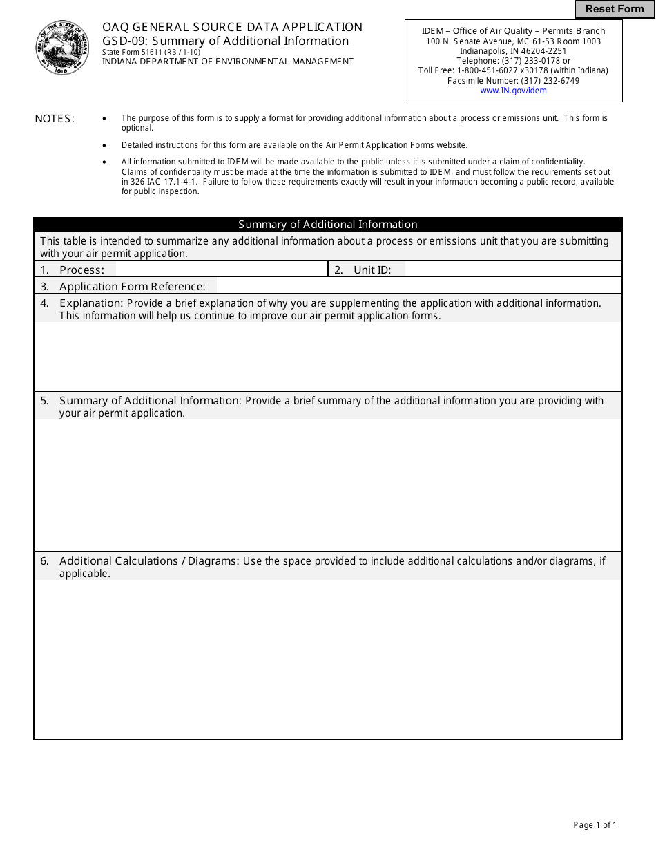 Form GSD-09 (State Form 51611) General Source Data - Summary of Additional Information - Indiana, Page 1