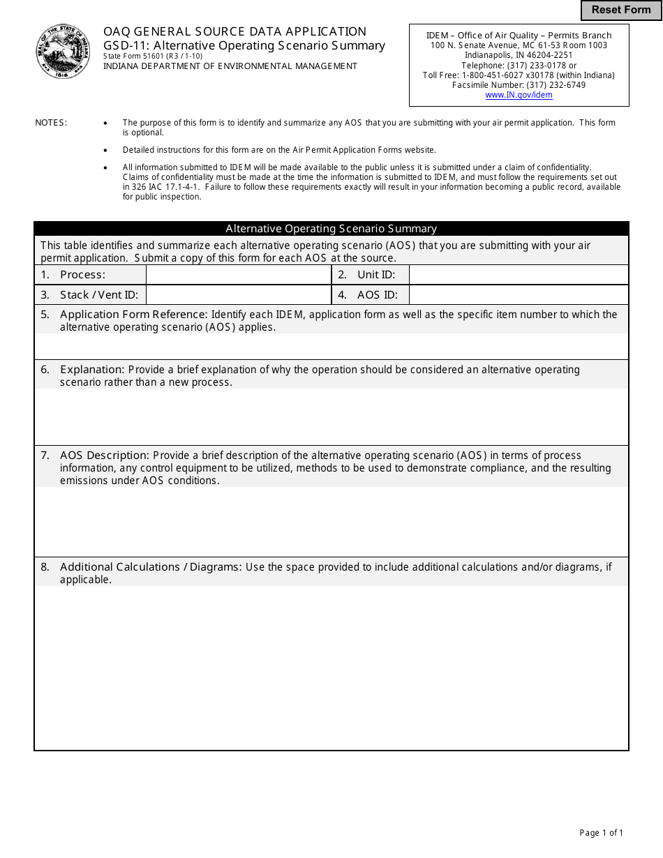 Form GSD-11 (State Form 51601) General Source Data - Alternative Operating Scenario Summary - Indiana, Page 1