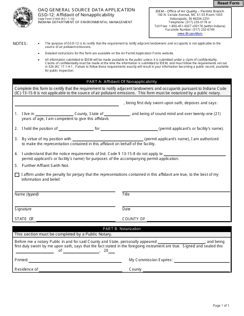 Form GSD-12 (State Form 51600) General Source Data - Affidavit of Non-applicability - Indiana