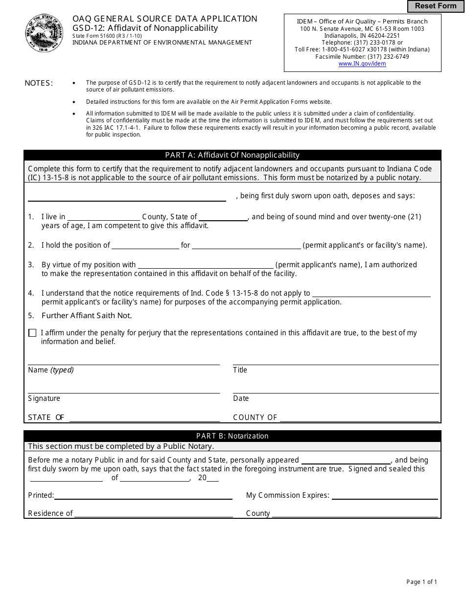 Form GSD-12 (State Form 51600) General Source Data - Affidavit of Non-applicability - Indiana, Page 1