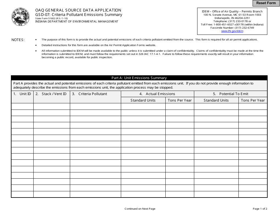 Form GSD-07 (State Form 51602) General Source Data - Criteria Pollutant Emissions Summary - Indiana, Page 1