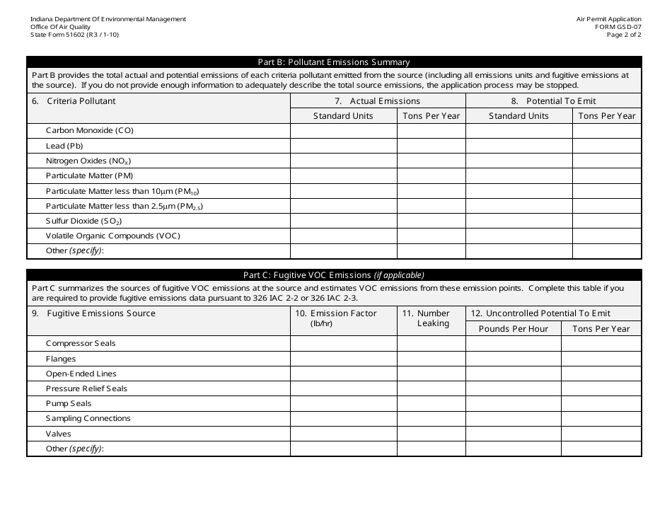Form GSD-07 (State Form 51602) General Source Data - Criteria Pollutant Emissions Summary - Indiana, Page 2