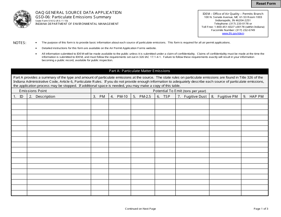 Form GSD-06 (State Form 51612) General Source Data - Particulate Emissions - Indiana, Page 1