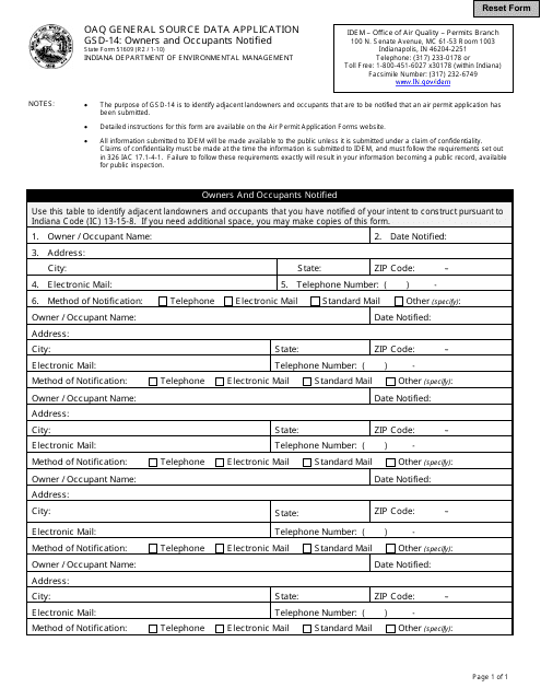Form GSD-14 (State Form 51609) General Source Data - Owners and Occupants Notified - Indiana