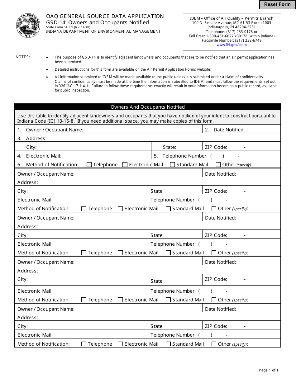 Form GSD-14 (State Form 51609) General Source Data - Owners and Occupants Notified - Indiana, Page 1