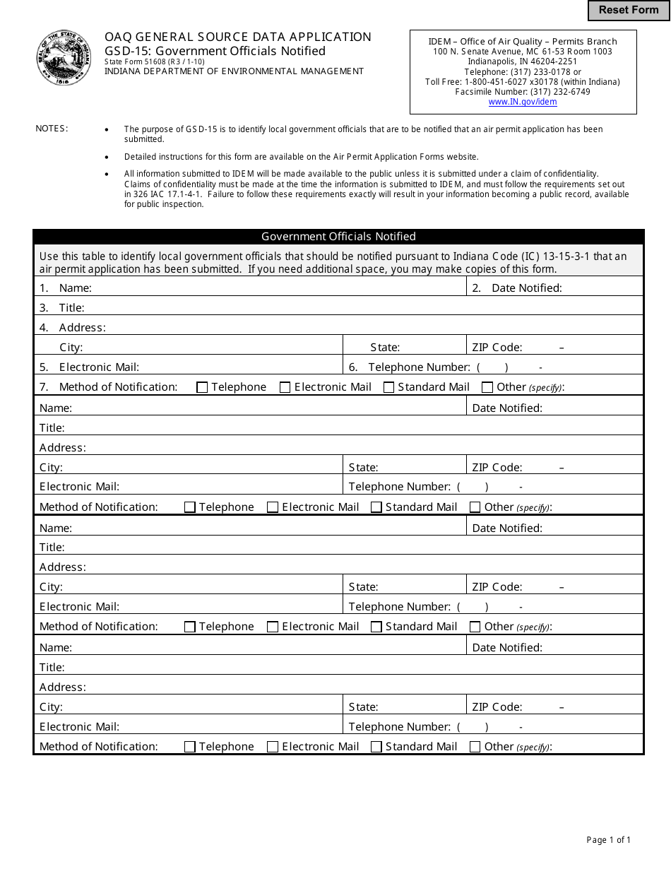 Form GSD-15 (State Form 51608) General Source Data - Government Officials Notified - Indiana, Page 1