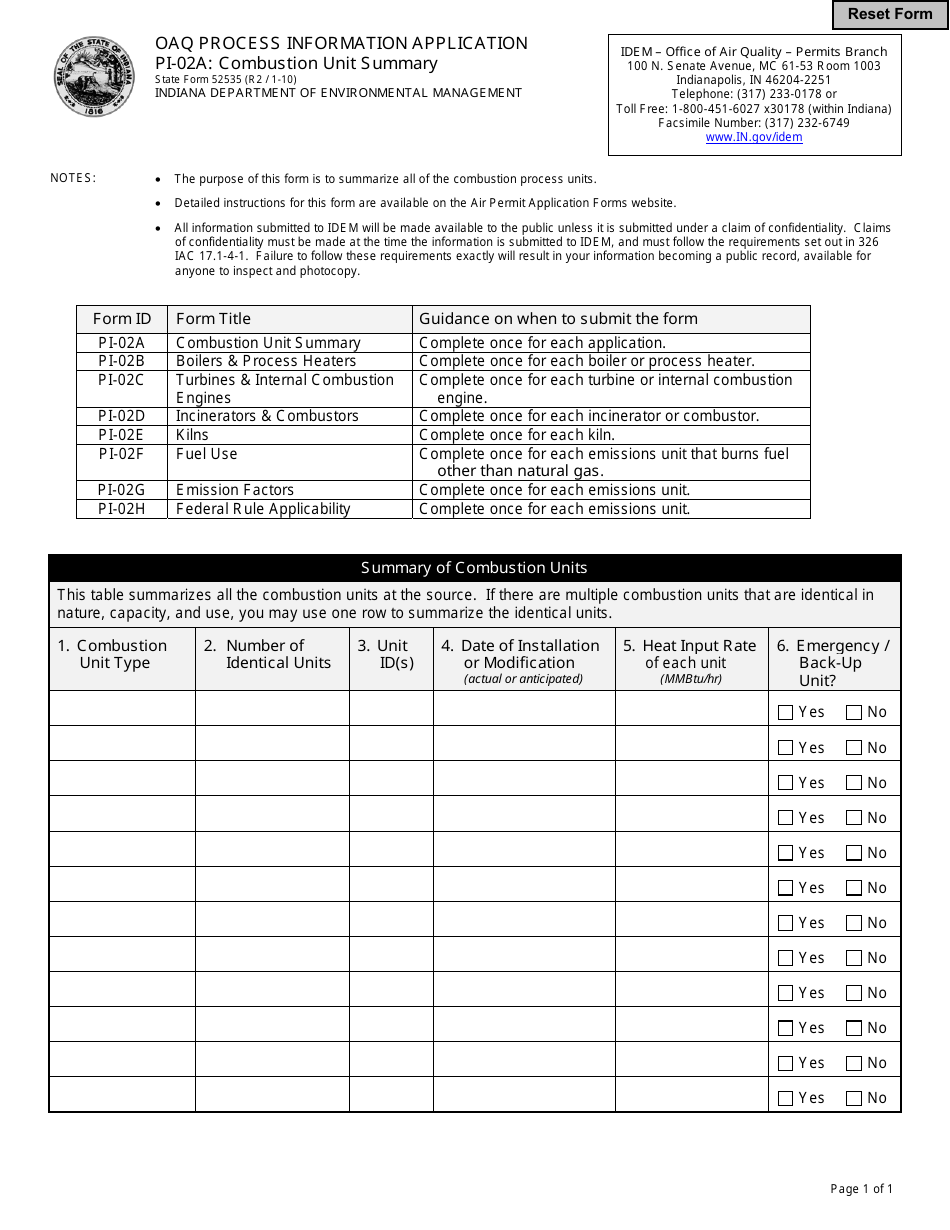State Form 52535 (PI-02A) Oaq Process Information Application - Combustion Unit Summary - Indiana, Page 1