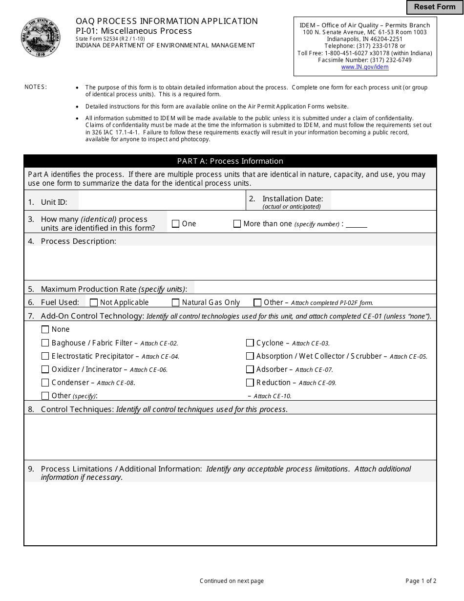 State Form 52534 (PI-01) Oaq Process Information Application - Miscellaneous Process - Indiana, Page 1