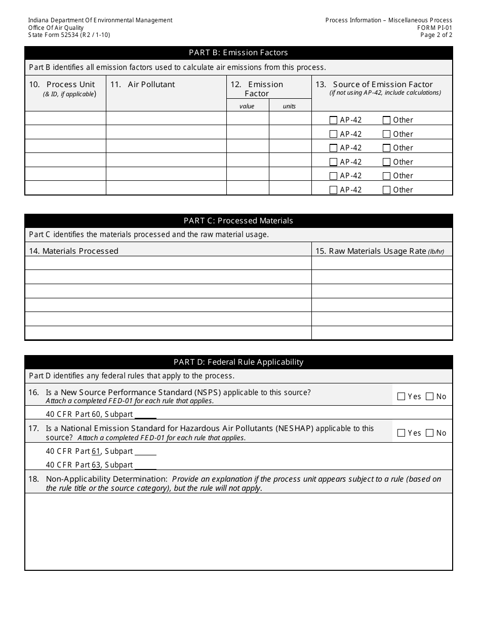 State Form 52534 (PI-01) Oaq Process Information Application - Miscellaneous Process - Indiana, Page 2