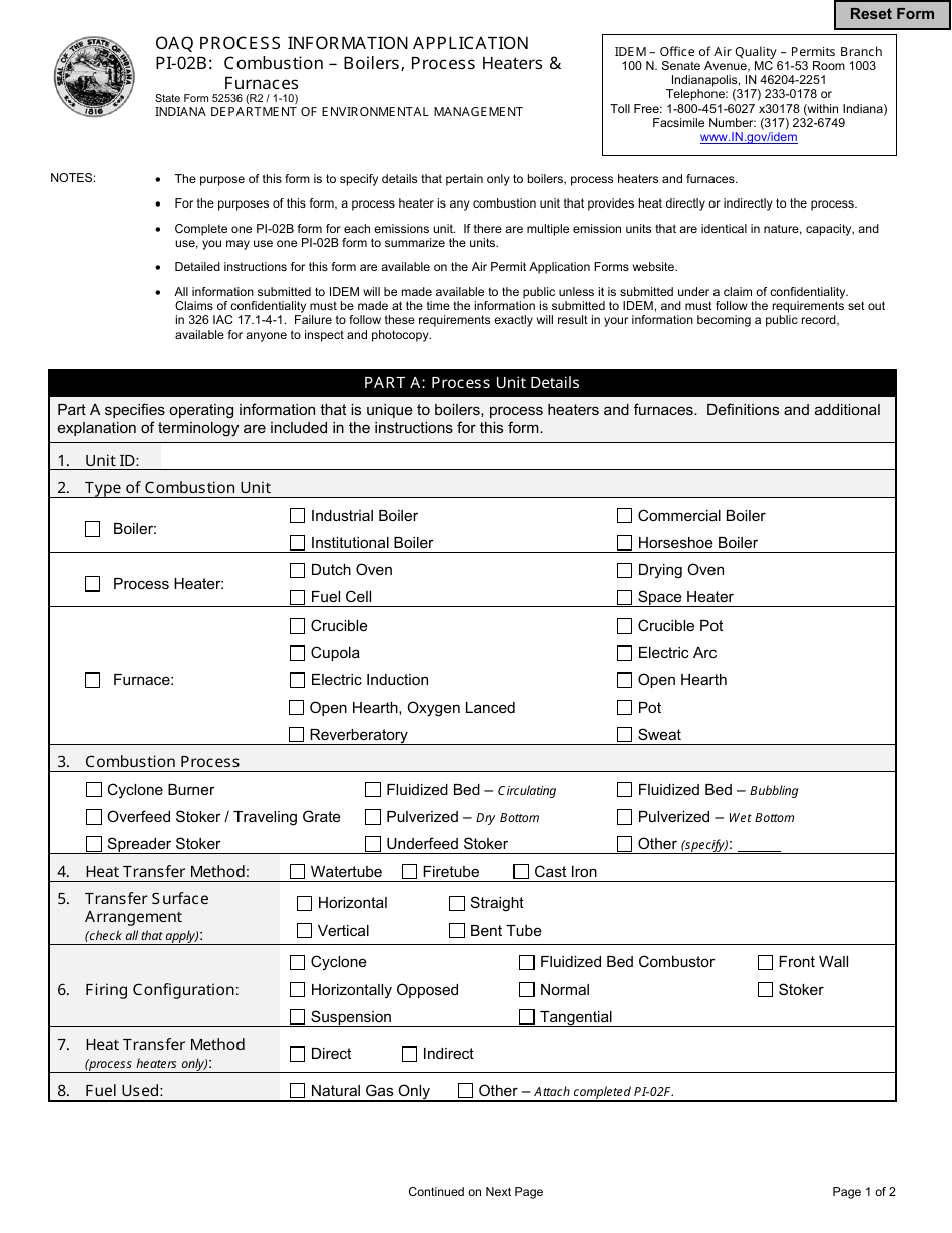 State Form 52536 (PI-02B) Oaq Process Information Application - Combustion - Boilers, Process Heaters  Furnaces - Indiana, Page 1