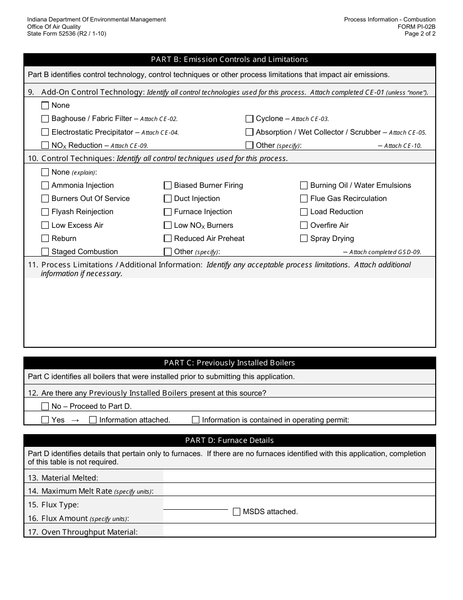 State Form 52536 (PI-02B) Oaq Process Information Application - Combustion - Boilers, Process Heaters  Furnaces - Indiana, Page 2