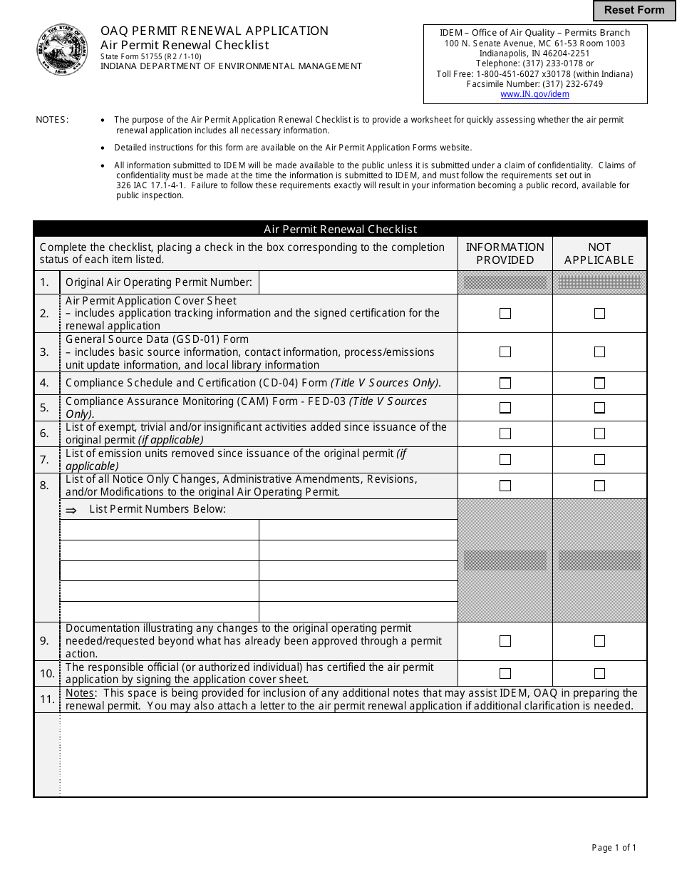 State Form 51755 Oaq Permit Renewal Application - Air Permit Renewal Checklist - Indiana, Page 1