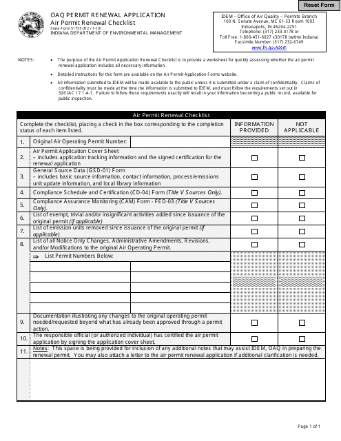 State Form 51755 Oaq Permit Renewal Application - Air Permit Renewal Checklist - Indiana