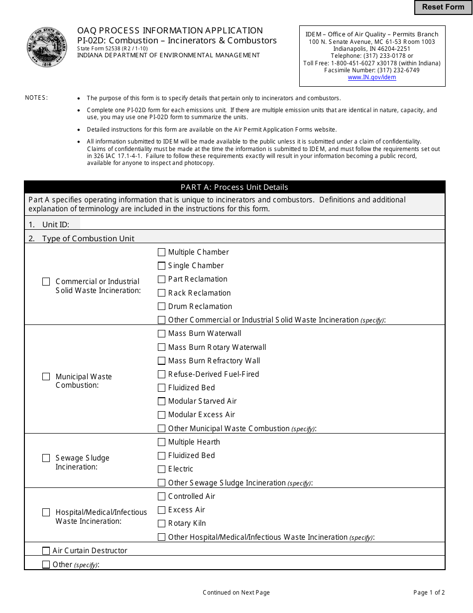 State Form 52538 (PI-02D) Oaq Process Information Application - Combustion - Incinerators  Combustors - Indiana, Page 1