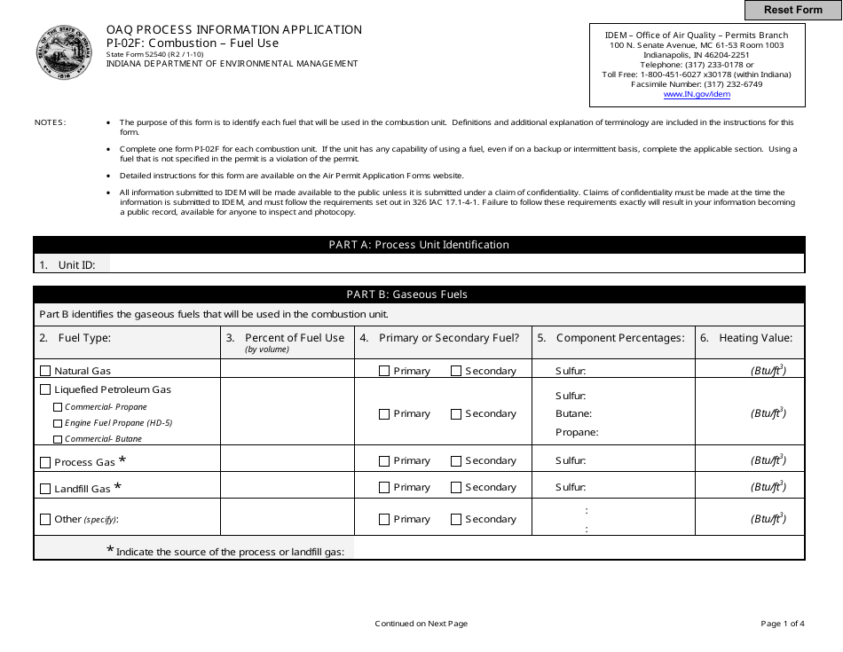 State Form 52540 (PI-02F) Oaq Process Information Application - Combustion - Fuel Use - Indiana, Page 1