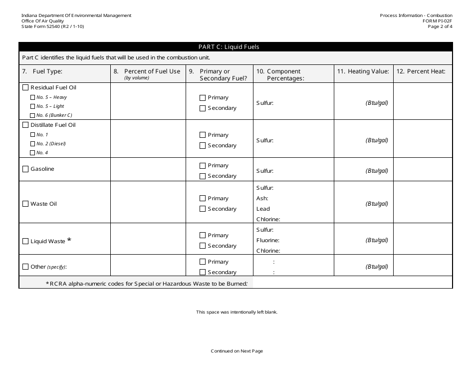 State Form 52540 (PI-02F) Oaq Process Information Application - Combustion - Fuel Use - Indiana, Page 2