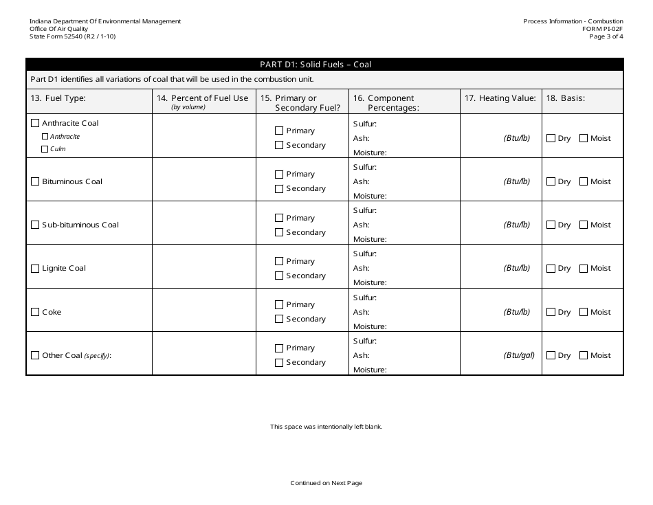 State Form 52540 (PI-02F) Oaq Process Information Application - Combustion - Fuel Use - Indiana, Page 3