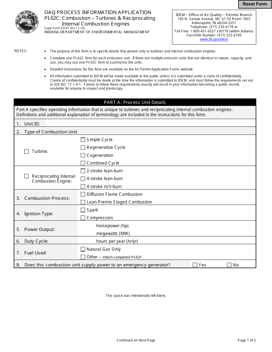 State Form 52537 (PI-02C) Oaq Process Information Application - Combustion - Turbines  Reciprocating Internal Combustion Engines - Indiana, Page 1