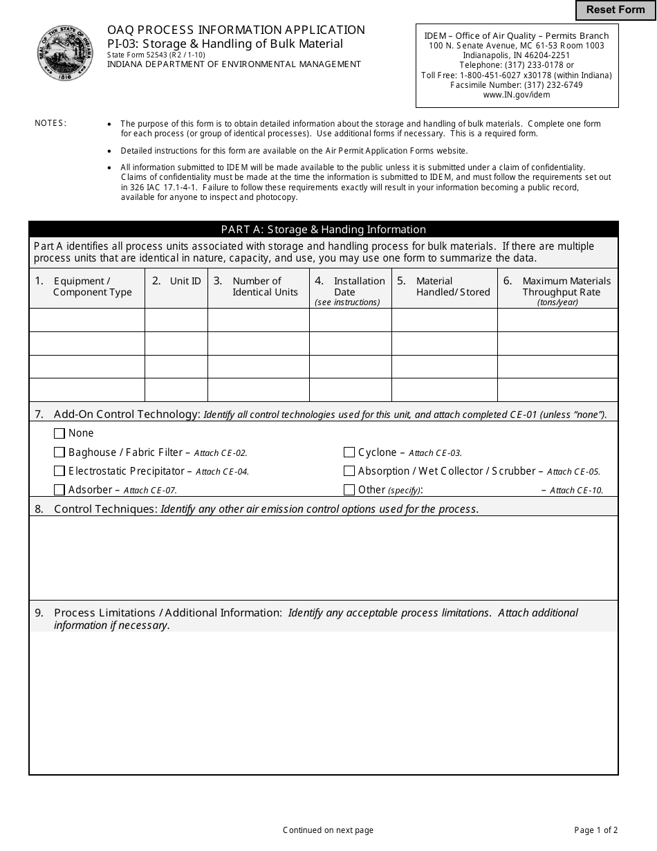 State Form 52543 (PI-03) Oaq Process Information Application - Storage  Handling of Bulk Material - Indiana, Page 1