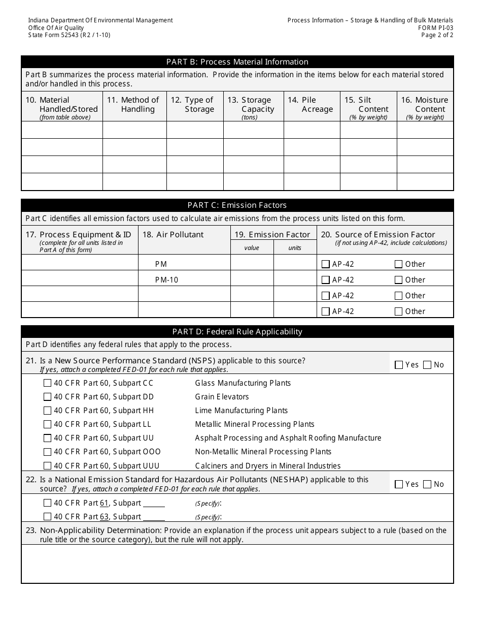 State Form 52543 (PI-03) Oaq Process Information Application - Storage  Handling of Bulk Material - Indiana, Page 2