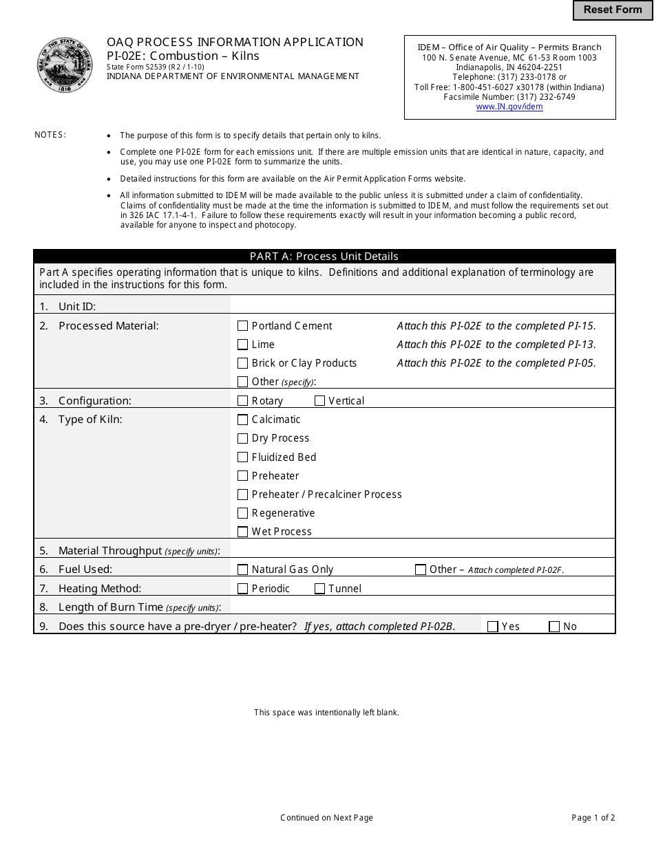State Form 52539 (PI-02E) Oaq Process Information Application - Combustion - Kilns - Indiana, Page 1