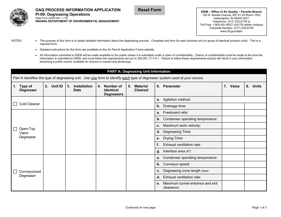 State Form 52549 (PI-09) Oaq Process Information Application - Degreasing Operations - Indiana, Page 1