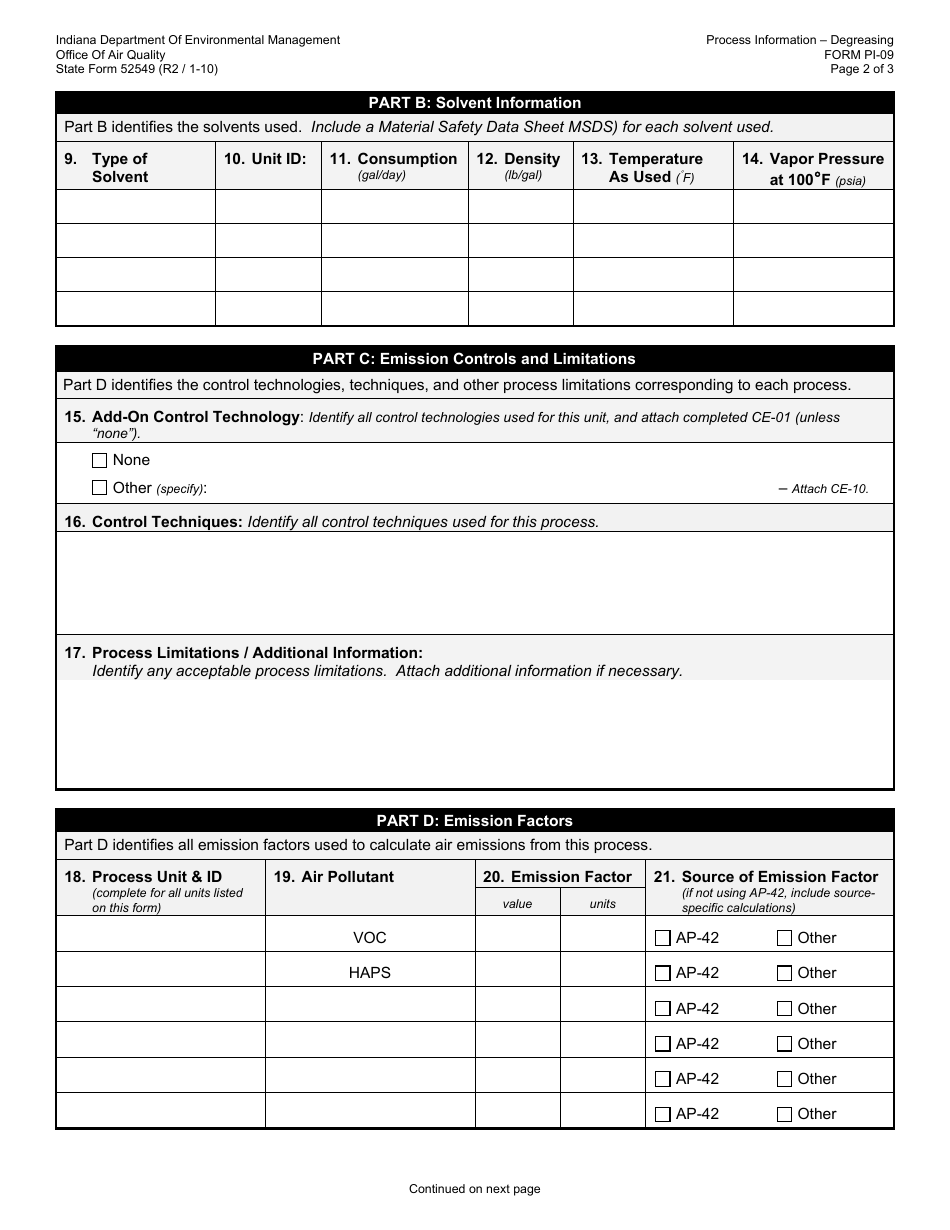 State Form 52549 (PI-09) Oaq Process Information Application - Degreasing Operations - Indiana, Page 2