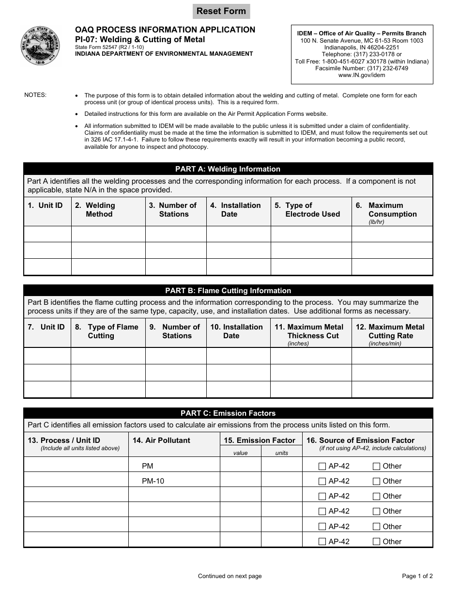 State Form 52547 (PI-07) Oaq Process Information Application - Welding  Cutting of Metal - Indiana, Page 1