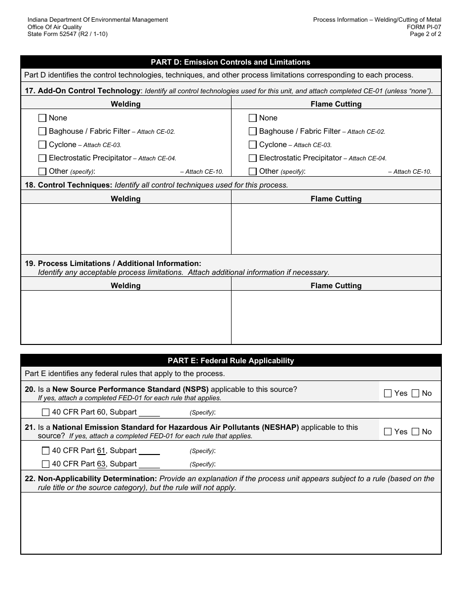 State Form 52547 (PI-07) Oaq Process Information Application - Welding  Cutting of Metal - Indiana, Page 2
