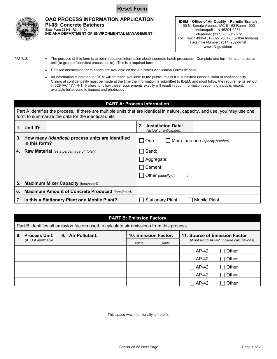 State Form 52548 (PI-08) Oaq Process Information Application - Concrete Batchers - Indiana, Page 1