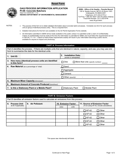 State Form 52548 (PI-08) Oaq Process Information Application - Concrete Batchers - Indiana