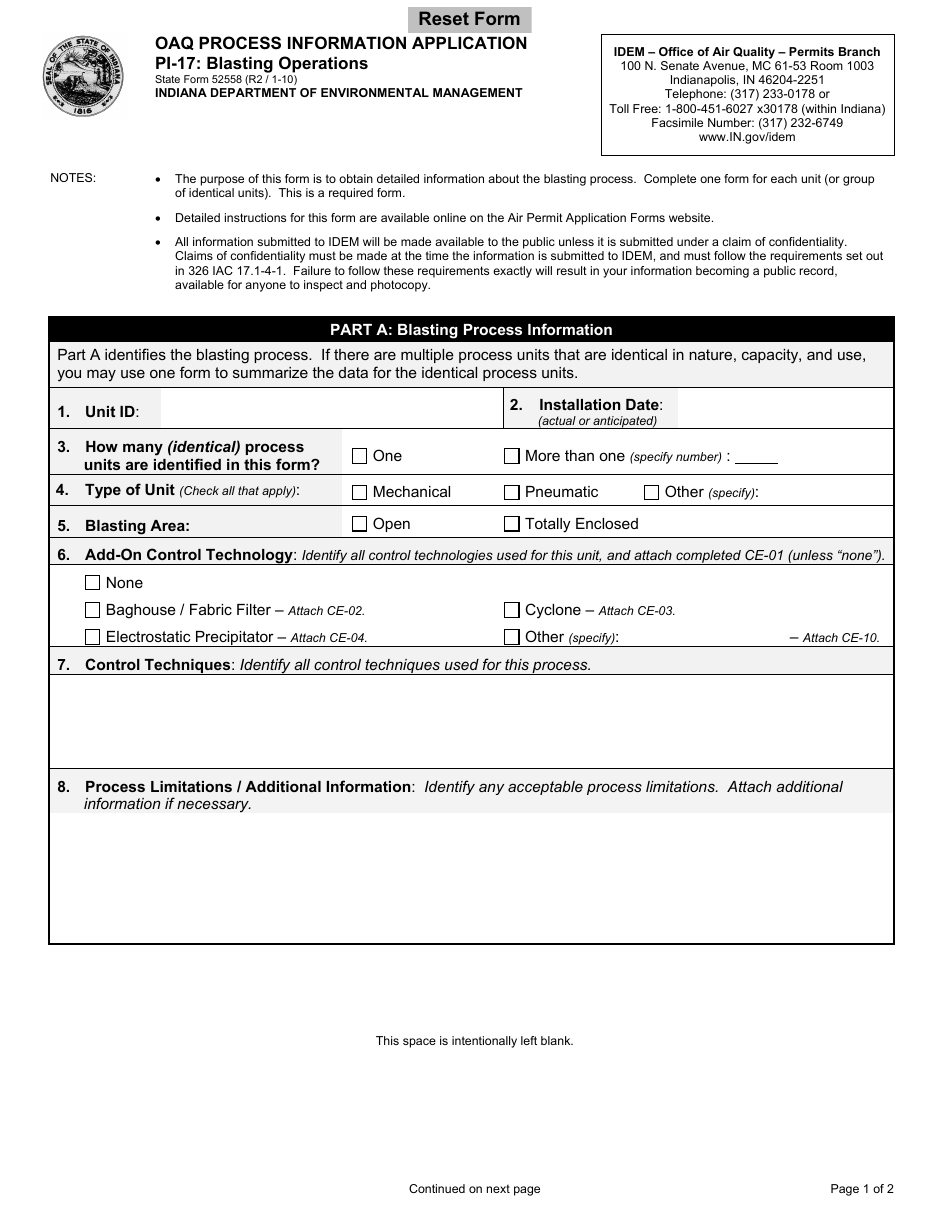 State Form 52558 (PI-17) Oaq Process Information Application - Blasting Operations - Indiana, Page 1