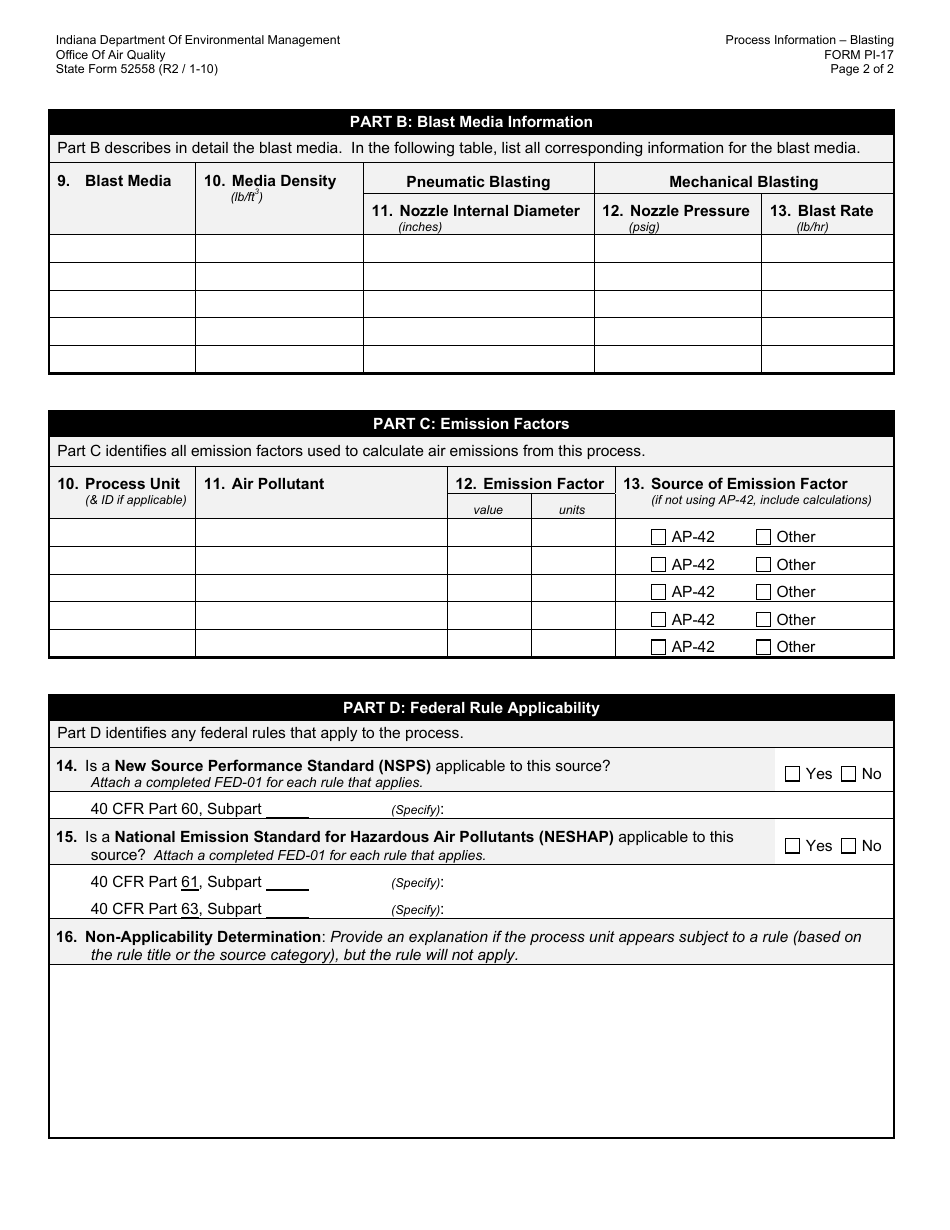 State Form 52558 (PI-17) Oaq Process Information Application - Blasting Operations - Indiana, Page 2