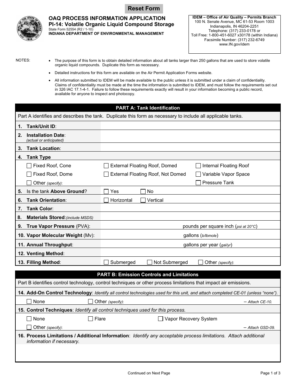 State Form 52554 (PI-14) Oaq Process Information Application - Volatile Organic Liquid Compound Storage - Indiana, Page 1