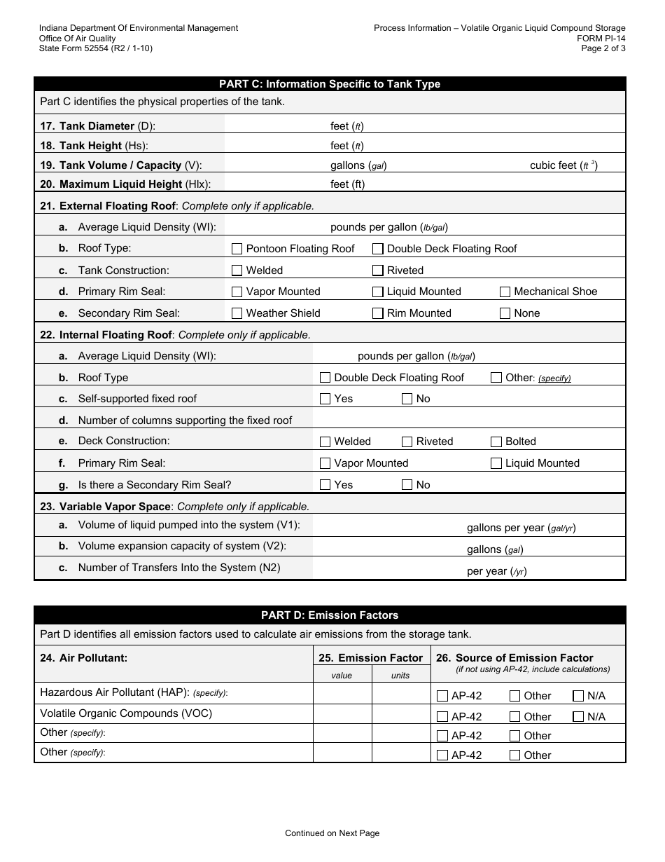 State Form 52554 (PI-14) Oaq Process Information Application - Volatile Organic Liquid Compound Storage - Indiana, Page 2
