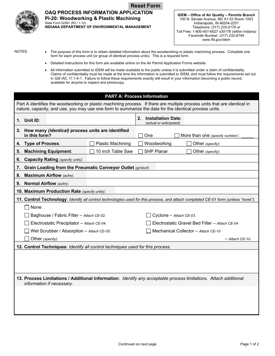 State Form 52561 (PI-20) Oaq Process Information Application - Woodworking  Plastic Machining - Indiana, Page 1