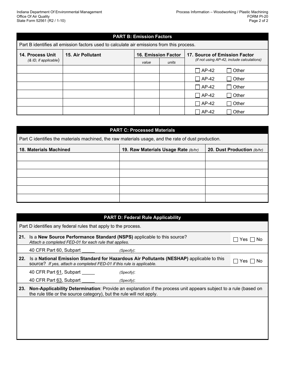 State Form 52561 (PI-20) Oaq Process Information Application - Woodworking  Plastic Machining - Indiana, Page 2