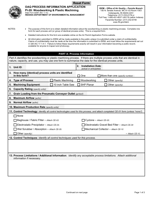 State Form 52561 (PI-20) Oaq Process Information Application - Woodworking & Plastic Machining - Indiana