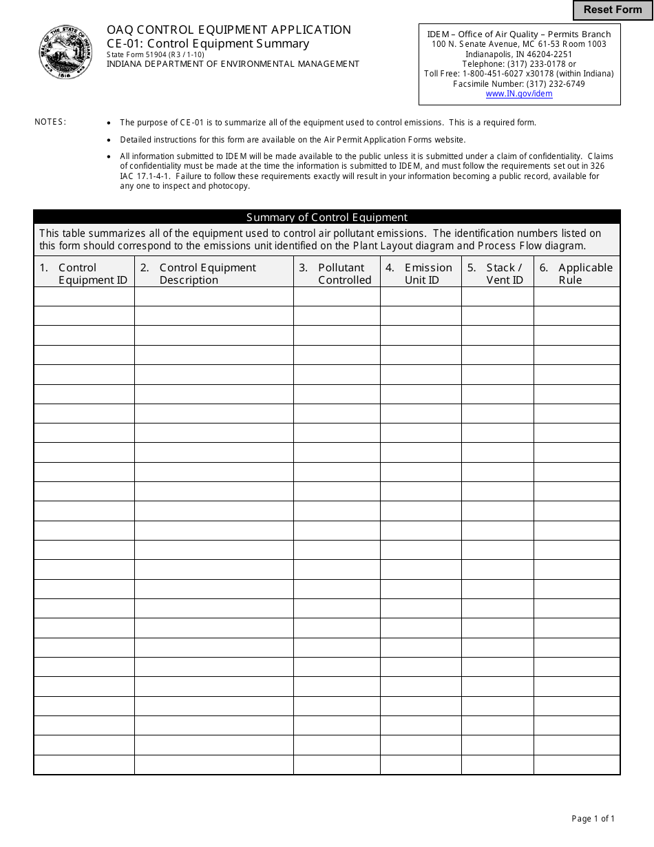 State Form 51904 (CE-01) Oaq Control Equipment Application - Control Equipment Summary - Indiana, Page 1